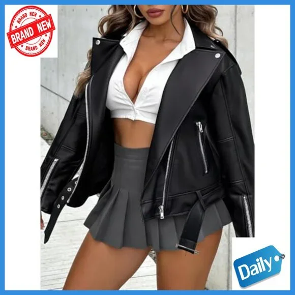Oversized Faux Leather Motorcycle Jacket with Hood and Belt